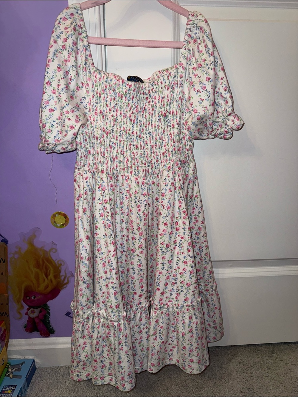 Girls White Floral Smocked Puff-Sleeve Dress
